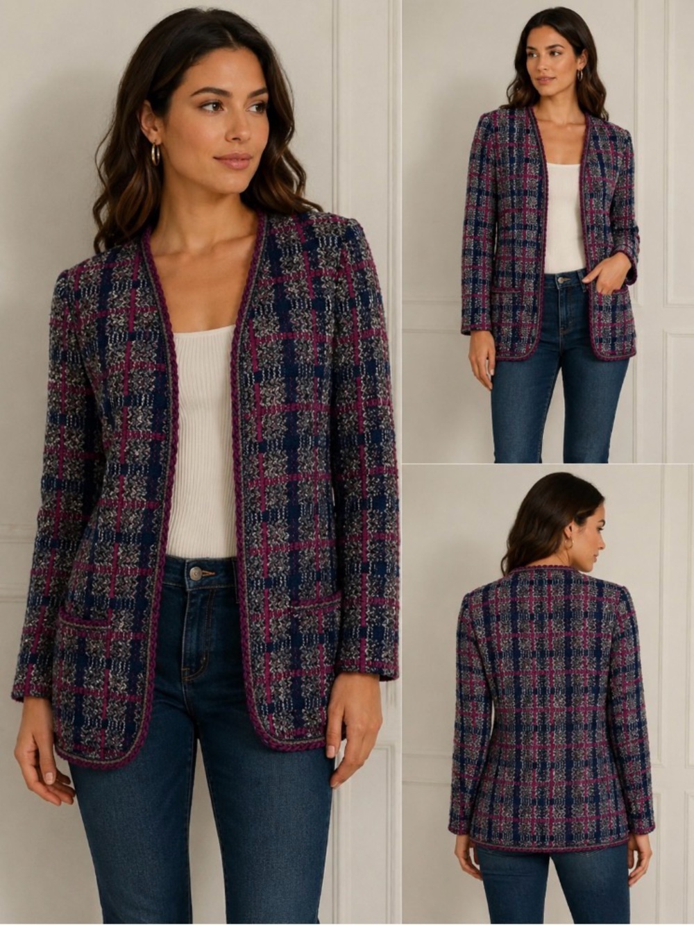 Koret Navy & Pink Plaid Open-Front Jacket. Size M